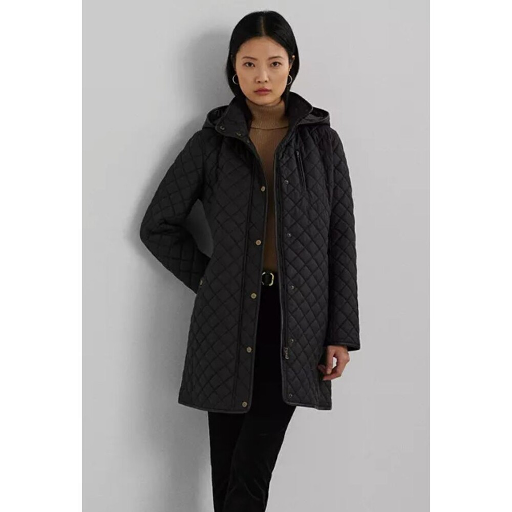 Lauren Ralph Lauren L Black Hooded Diamond Quilted Coat Equestrian $245